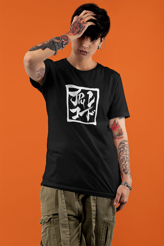 JPU Records t-shirt with Japanese script female model