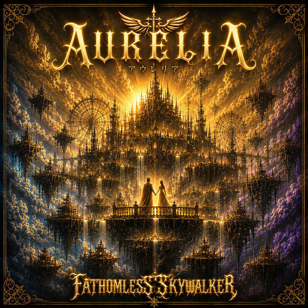FATHOMLESS SKYWALKER's AURELIA single cover art featuring a king and queen on a floating island with a palace in the distance.