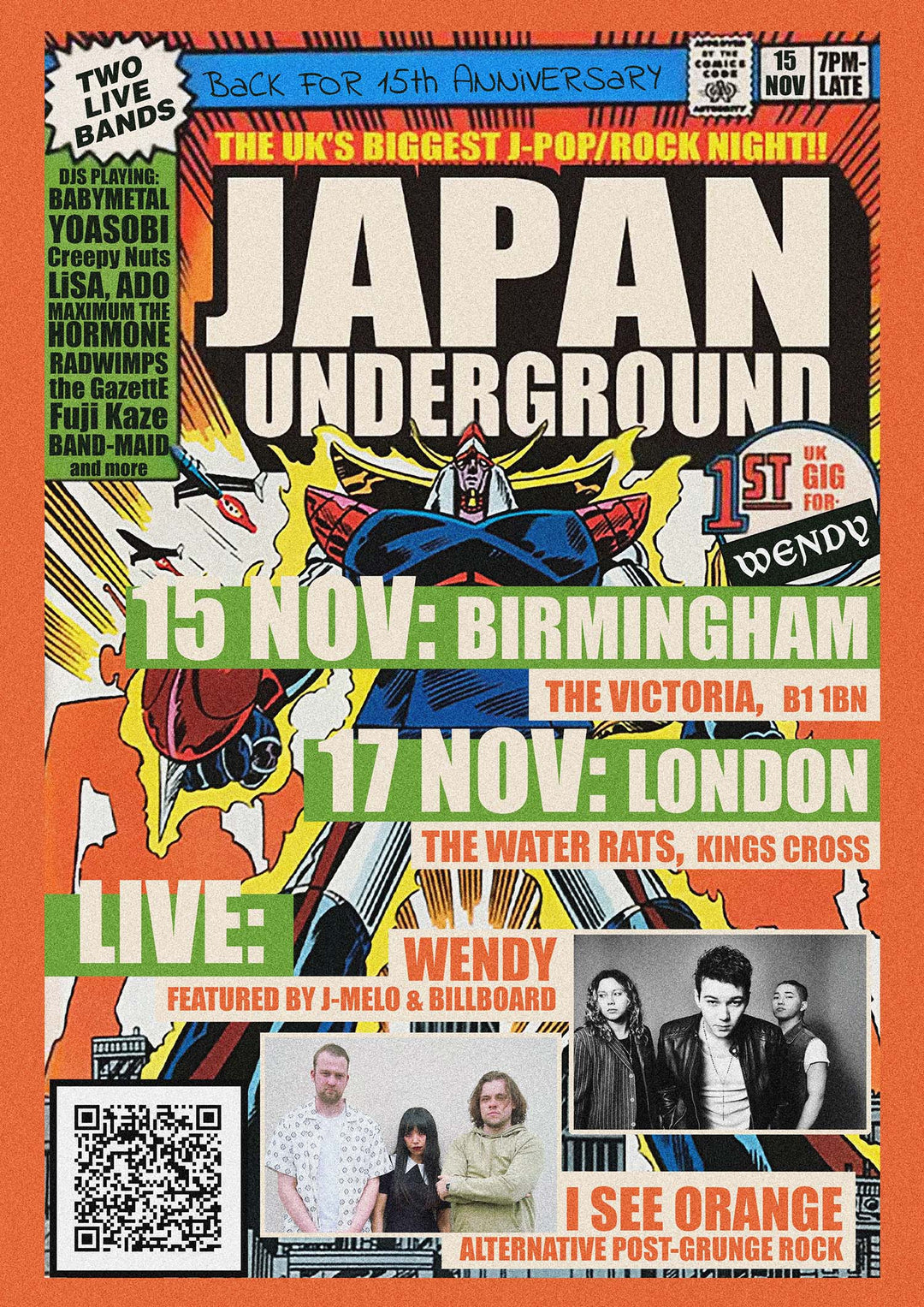 Promotional poster for 'Japan Underground' event in Birmingham (15 Nov at The Victoria) and London (17 Nov at The Water Rats in Kings Cross) with the bands WENDY and I SEE ORANGE.