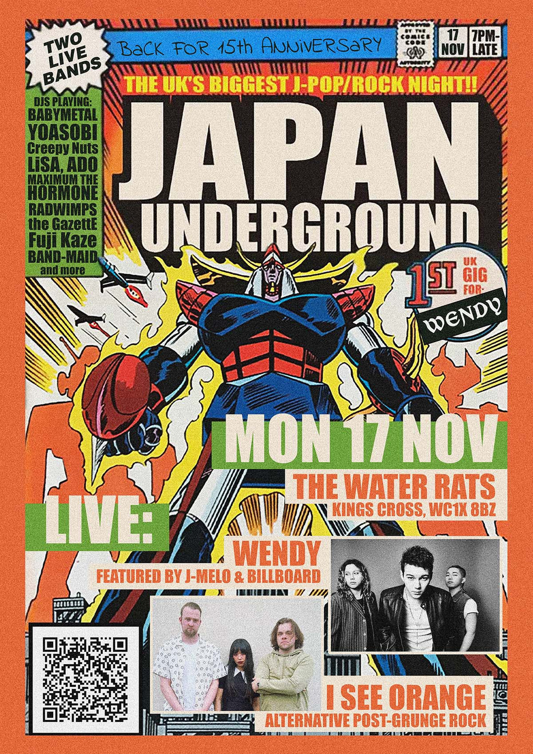 Japan Underground poster for the 17 November 2025 event, featuring Japanese band WENDY and I SEE ORANGE