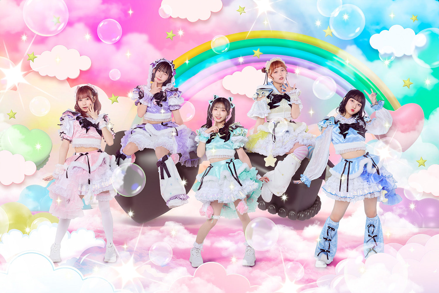 KiSS KiSS Japanese idol group in clouds with rainbows behind them