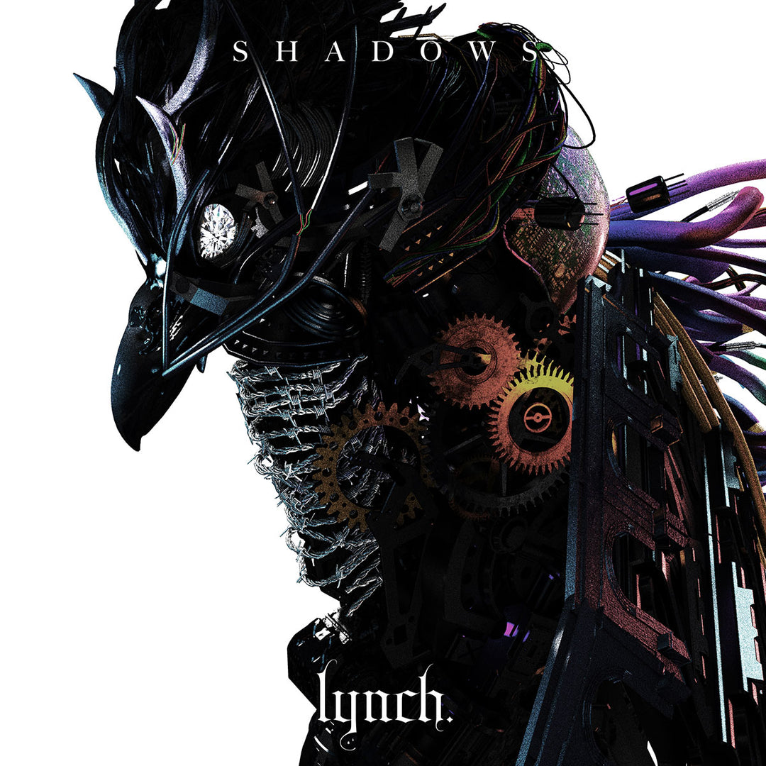 lynch.'s album cover art for SHADOWS, featuring a crow or raven like creature made out of mechanical parts.