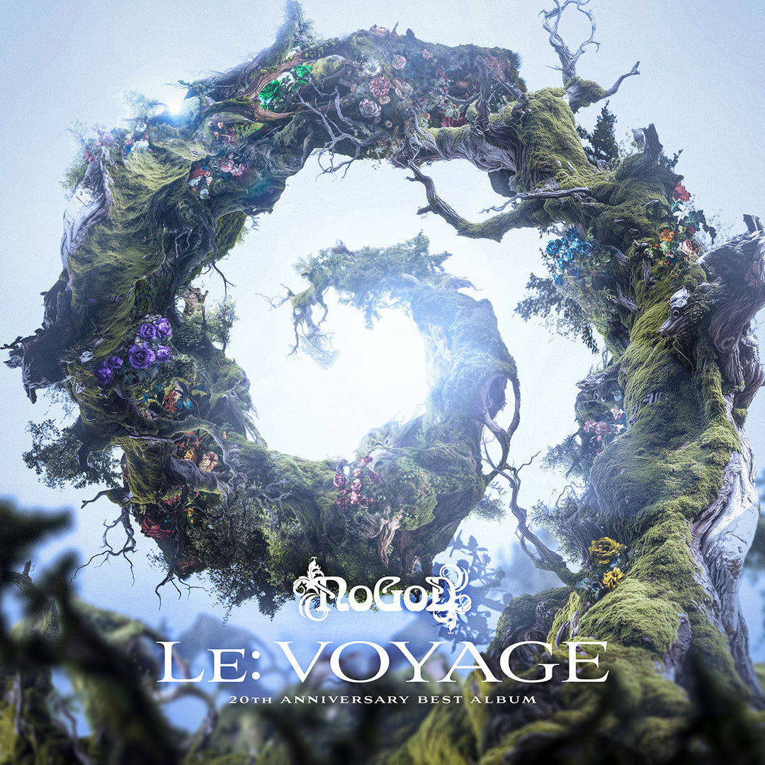 NoGoD's album cover for their 20th Anniversary Best Album 'Le: VOYAGE'. featuring  a vortex like design made up of trees and flowers spiralling into the sky.