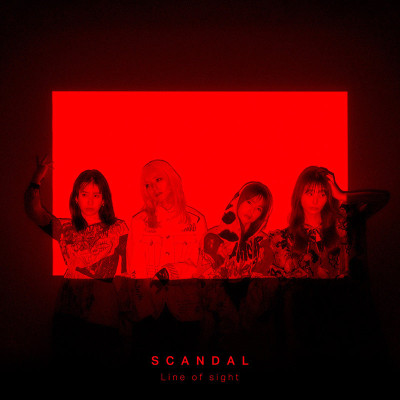 SCANDAL Line of sight single cover art. It features all four members of SCANDAL within a red frame of light
