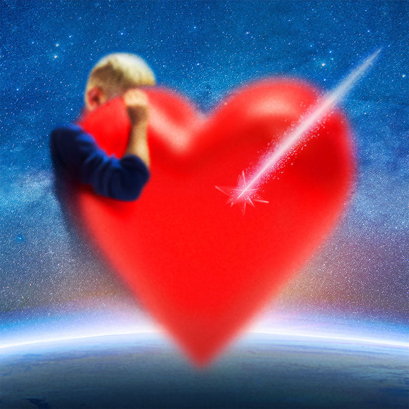 SCANDAL Terra Boy single cover art that features a boy behind a giant red heart in the sky with a shooting star flying across it