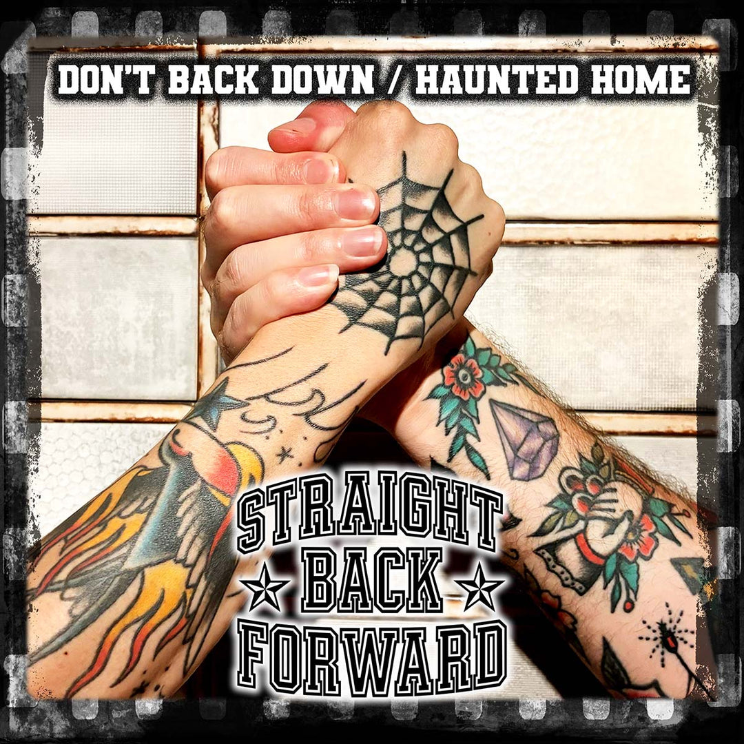 The cover art for Japanese punk band STRAIGHT BACK FORWARD's 'Don't Back Down / Haunted Home' single featuring two tattoo'ed hands in handshake.
