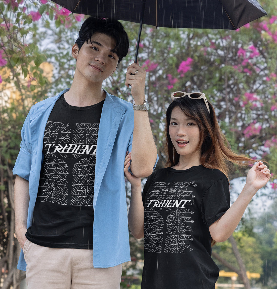 TRiDENT band t-shirt on a male and female model