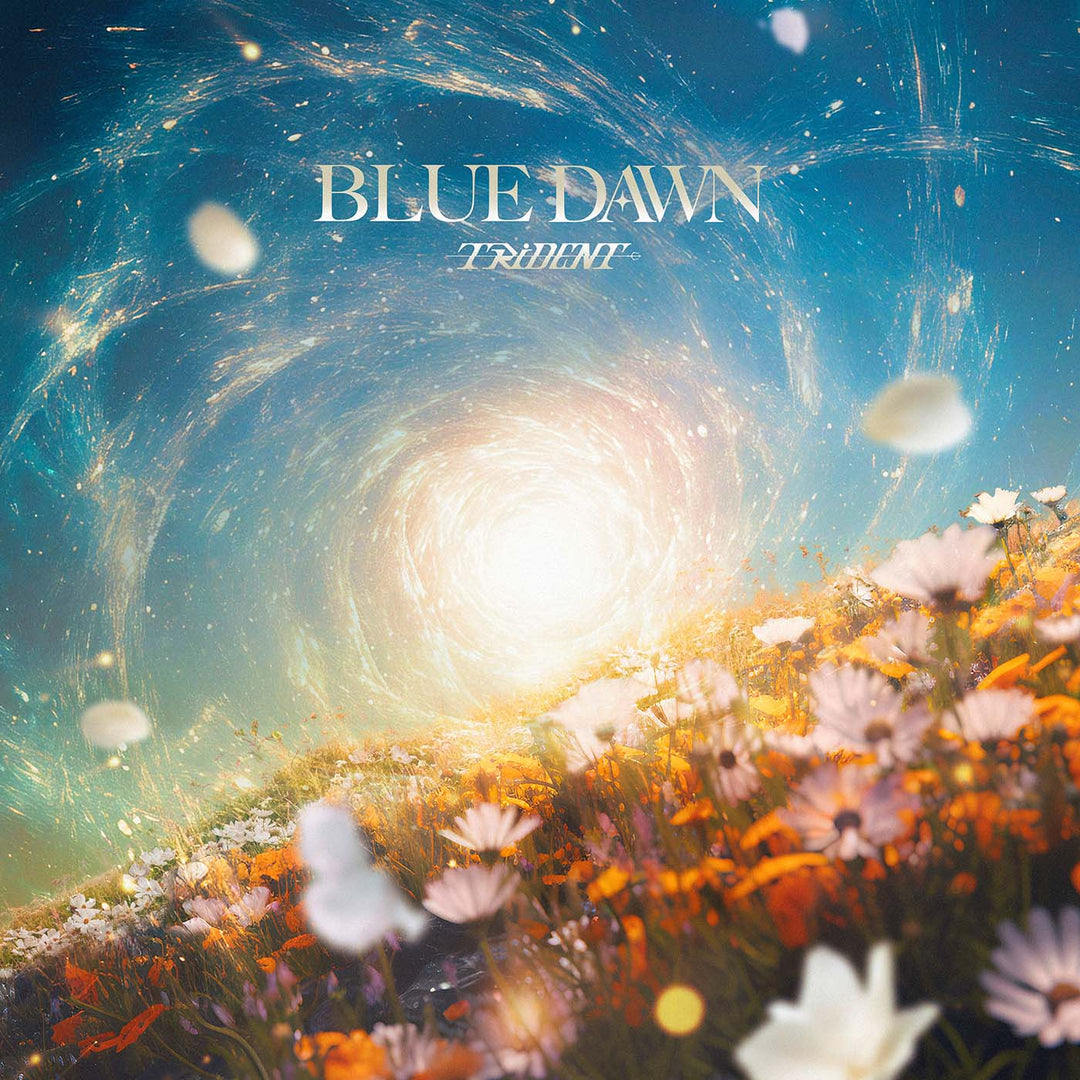 TRiDENT BLUE DAWN EP cover art, featuring a field full of flowers with a blue sky and a bright sun with a vortex around it.