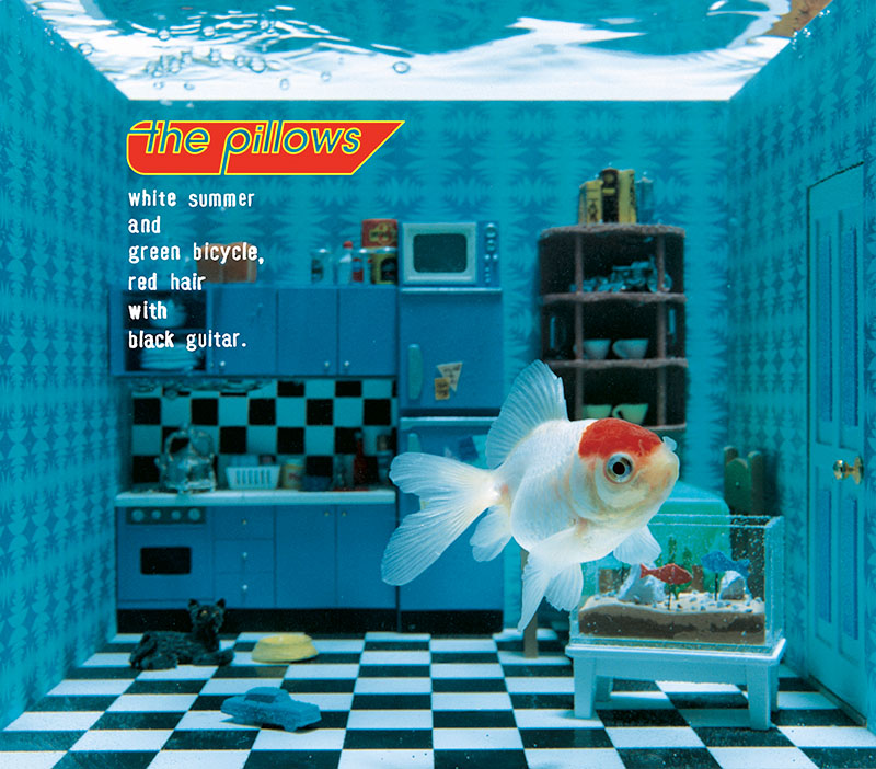 the pillows white summer and green bicycle, red hair with black guitar single cover art with a goldfish on it